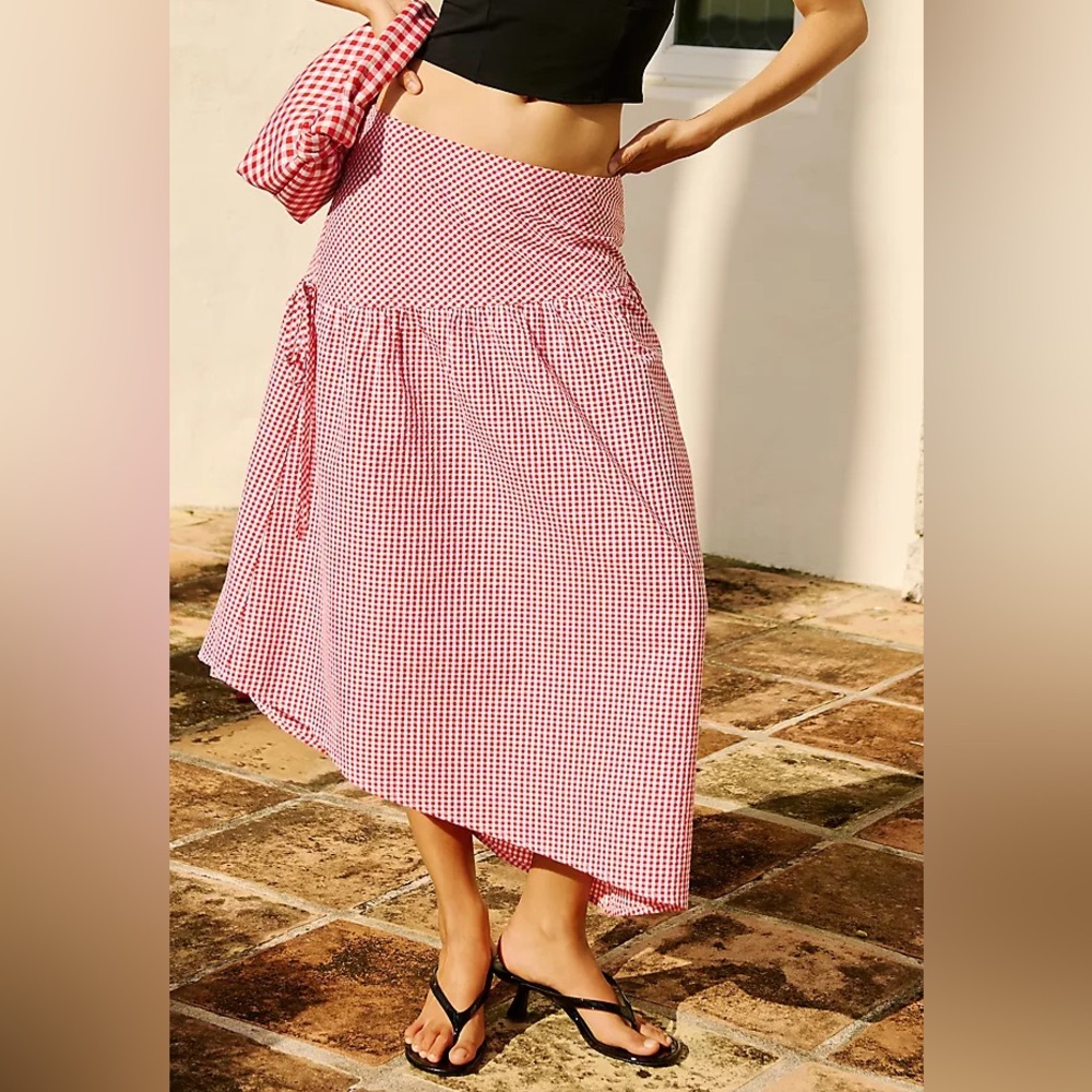 Maeve Asymmetric Picnic Gingham Midi Skirt